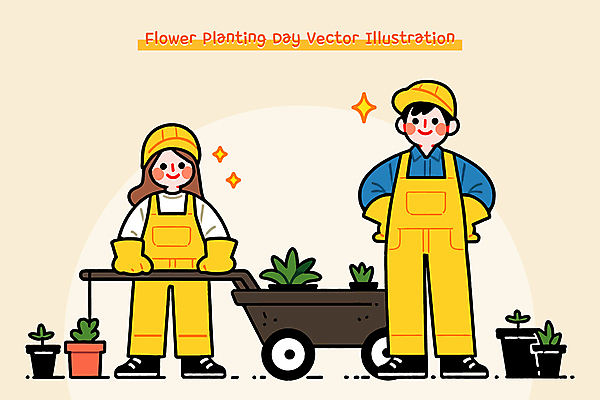전신 여자 남자 화분 허리손 일러스트 청소년 미소 성인 두명 반짝임 노란색 정원 수레 잡기 풀 식목일 멜빵 정원사 캡모자 부녀 일러캐릭터 AI파일 식물 직업 캐릭터 모자_잡화 잡화 기념일 딸 컬러 포즈 가족 모션 표정 사람 카트 아빠 파일형식 벡터