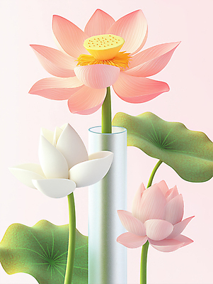 JPG 편집이미지 연꽃 사람없음 연잎 심플 연분홍색 유리화분 편집실사 AI컴퓨터그래픽 AI콘텐츠 꽃 화분 분홍색 잎 CG 파일형식