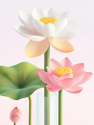 JPG 편집이미지 연꽃 사람없음 연잎 꽃봉오리 심플 연분홍색 유리화분 이미지편집 편집실사 AI컴퓨터그래픽 AI콘텐츠 꽃 화분 분홍색 잎 CG 파일형식