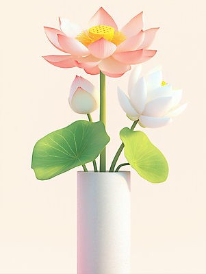 JPG 편집이미지 연꽃 사람없음 꽃병 연잎 꽃봉오리 심플 연분홍색 이미지편집 편집실사 AI컴퓨터그래픽 AI콘텐츠 꽃 분홍색 잎 CG 파일형식