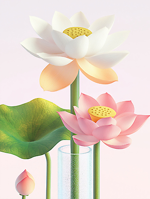 JPG 편집이미지 연꽃 사람없음 연잎 꽃봉오리 심플 연분홍색 유리화분 이미지편집 편집실사 AI컴퓨터그래픽 AI콘텐츠 꽃 화분 분홍색 잎 CG 파일형식