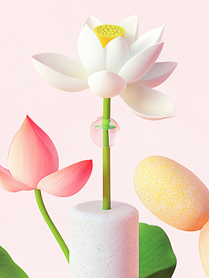 JPG 편집이미지 연꽃 사람없음 꽃병 물방울 연잎 심플 연분홍색 이미지편집 편집실사 AI컴퓨터그래픽 AI콘텐츠 꽃 분홍색 잎 CG 파일형식