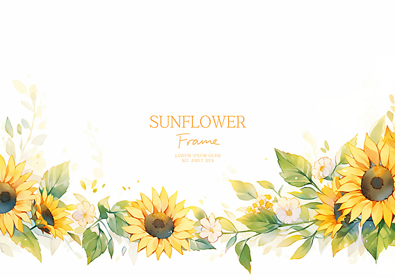 PSD 일러스트 봄꽃 해바라기 수채화 사람없음 노란색 풀잎 꽃프레임 카피스페이스 국내일러스트 꽃 컬러 잎 프레임 봄 공백 풀_식물 파일형식