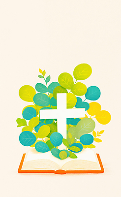 JPG 기독교 십자가 일러스트 사람없음 책 연두색 펼침 천주교 풀잎 하나님 국내일러스트 AI일러스트 AI콘텐츠 종교 잎 모션 초록색 풀_식물 신_종교 파일형식