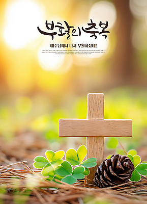 PSD 편집이미지 기독교 부활절 사람없음 햇빛 천주교 예수 축복 클로버 숲 솔방울 솔잎 나무십자가 이미지편집 기념일 종교 컨셉 십자가 잎 태양 신_종교 파일형식