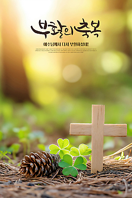 PSD 편집이미지 기독교 부활절 사람없음 햇빛 천주교 예수 축복 클로버 숲 솔방울 솔잎 나무십자가 이미지편집 기념일 종교 컨셉 십자가 잎 태양 신_종교 파일형식