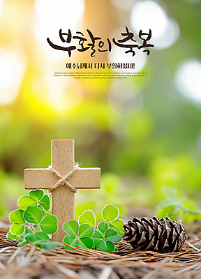 PSD 편집이미지 기독교 부활절 사람없음 햇빛 천주교 예수 축복 클로버 숲 솔방울 솔잎 노끈 나무십자가 이미지편집 기념일 종교 줄 컨셉 십자가 잎 태양 신_종교 파일형식