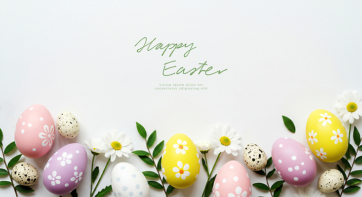 PSD 편집이미지 기독교 사람없음 컬러풀 풀잎 데이지 부활절계란 메추리알 카피스페이스 이미지편집 꽃 종교 컬러 잎 부활절 계란 알 공백 풀_식물 파일형식