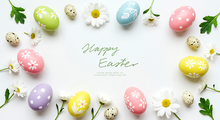 PSD 편집이미지 기독교 프레임 사람없음 컬러풀 풀잎 데이지 부활절계란 메추리알 카피스페이스 이미지편집 꽃 종교 컬러 잎 부활절 계란 알 공백 풀_식물 파일형식