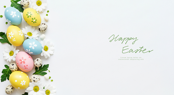 PSD 편집이미지 기독교 사람없음 컬러풀 풀잎 데이지 부활절계란 메추리알 카피스페이스 이미지편집 꽃 종교 컬러 잎 부활절 계란 알 공백 풀_식물 파일형식