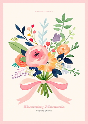 PSD 리본 분홍색 부케 일러스트 사람없음 풀잎 국내일러스트 컬러 꽃다발 잎 풀_식물 파일형식