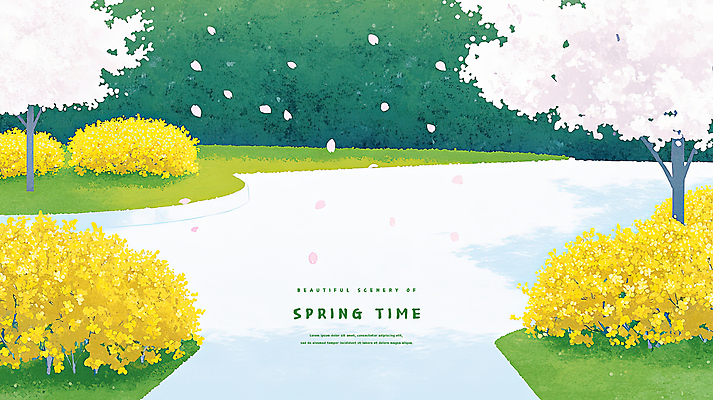 PSD 공원 꽃잎 일러스트 봄꽃 사람없음 연두색 봄풍경 산책로 풀 벚나무 개나리 국내일러스트 나무 식물 공공시설 꽃 길 풍경 초록색 봄 벚꽃 파일형식