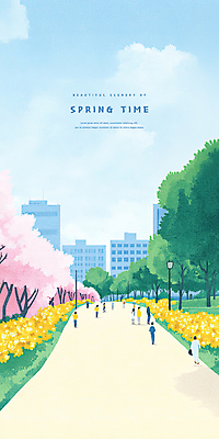 PSD 구름 공원 가로등 일러스트 봄꽃 하늘 사람 빌딩 여러명 봄풍경 산책로 도시 벚나무 군중 개나리 국내일러스트 자연요소 나무 공공시설 꽃 길 다수 풍경 건물 봄 벚꽃 파일형식