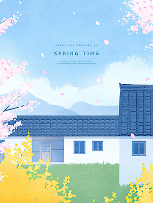 PSD 꽃잎 하늘색 일러스트 봄꽃 하늘 바람 주택 잔디 사람없음 봄풍경 벚나무 개나리 기와지붕 흩날리기 국내일러스트 자연요소 나무 식물 꽃 모션 지붕 날씨 기와 풍경 건물 파란색 봄 벚꽃 파일형식