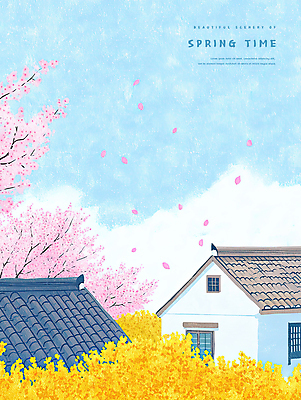 PSD 꽃잎 하늘색 일러스트 봄꽃 하늘 바람 주택 사람없음 봄풍경 개나리 기와지붕 흩날리기 국내일러스트 자연요소 꽃 모션 지붕 날씨 기와 풍경 건물 파란색 봄 파일형식