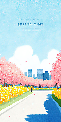 PSD 구름 공원 꽃잎 가로등 일러스트 봄꽃 하늘 그림자 빌딩 사람없음 봄풍경 산책로 도시 벚나무 개나리 국내일러스트 자연요소 나무 공공시설 꽃 길 풍경 건물 봄 벚꽃 파일형식