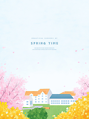 PSD 꽃잎 일러스트 봄꽃 하늘 바람 주택 사람없음 봄풍경 산책로 풀 벚나무 개나리 흩날리기 국내일러스트 자연요소 나무 식물 꽃 길 모션 날씨 풍경 건물 봄 벚꽃 파일형식