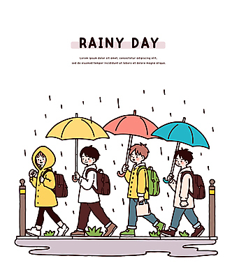 전신 여자 남자 일러스트 우산 청소년 책가방 미소 들기 여러명 잡초 비 등하교 우비 십대만 국내일러스트 AI파일 자연요소 식물 옷 다수 가방 모션 날씨 표정 사람 파일형식 벡터