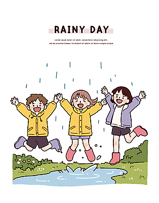 전신 여자 남자 어린이 일러스트 웃음 소녀 소년 잔디 세명 점프 만세 풀 비 웅덩이 우비 어린이만 국내일러스트 AI파일 자연요소 식물 옷 모션 날씨 표정 사람 파일형식 벡터