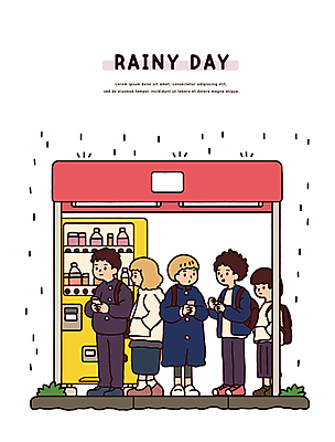 전신 여자 남자 일러스트 청소년 책가방 미소 들기 여러명 성인 친구 스마트폰 비 버스정류장 주머니손 자판기 줄서기 국내일러스트 AI파일 자연요소 다수 가방 관계 모션 날씨 표정 사람 핸드폰 스마트기기 역 파일형식 벡터