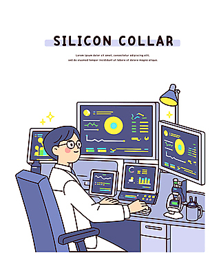 남자 의자 일러스트 그래프 미래 조명 정보기술 한명 앉기 성인 반짝임 모니터 과학기술 가운 작업 남색 과학자 책상 첨단 성인남자한명만 국내일러스트 AI파일 직업 1 옷 컬러 과학 가구 컨셉 모션 기술 사람 컴퓨터 학자 남자한명만 성인남자만 파일형식 벡터