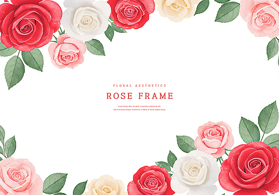 PSD 잎 일러스트 수채화 사람없음 빨간색 장미 꽃프레임 카피스페이스 국내일러스트 식물 꽃 컬러 프레임 공백 파일형식