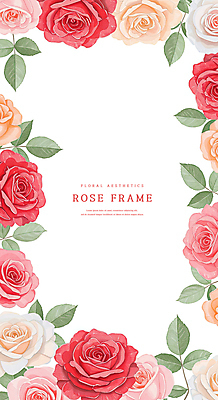PSD 잎 일러스트 수채화 사람없음 빨간색 장미 꽃프레임 카피스페이스 국내일러스트 식물 꽃 컬러 프레임 공백 파일형식