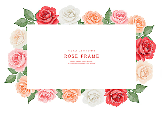 PSD 잎 일러스트 수채화 사람없음 빨간색 장미 꽃프레임 카피스페이스 국내일러스트 식물 꽃 컬러 프레임 공백 파일형식