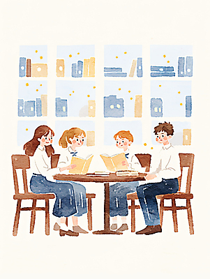 JPG 전신 여학생 여자 남자 교복 남학생 의자 일러스트 청소년 탁자 수채화 책장 미소 앉기 여러명 책 독서 스쿨라이프 도서관 책상 감성 십대만 국내일러스트 AI일러스트 AI콘텐츠 학생 라이프스타일 옷 교육 가구 다수 컨셉 학교 모션 표정 사람 파일형식