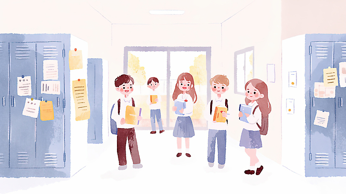 JPG 전신 여학생 여자 남자 교복 종이 남학생 일러스트 청소년 수채화 미소 들기 여러명 책 스쿨라이프 문 복도 사물함 테이프 감성 십대만 국내일러스트 AI일러스트 AI콘텐츠 학생 라이프스타일 옷 다수 컨셉 학교 모션 문구용품 표정 사람 파일형식