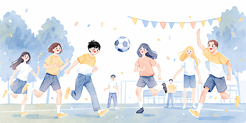 JPG 전신 나무 여학생 여자 남자 남학생 일러스트 축구공 청소년 수채화 미소 잔디 여러명 달리기 스쿨라이프 손들기 축구 운동장 꽃가루 감성 체육대회 가랜드 십대만 국내일러스트 AI일러스트 AI콘텐츠 식물 학생 라이프스타일 다수 컨셉 공 축구용품 스포츠시설 학교 모션 표정 사람 구기 공간 가루 체육 파티용품 대회 파일형식