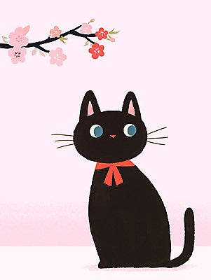 PSD 분홍색 일러스트 사람없음 귀여움 고양이 벚꽃 나뭇가지 감성 국내일러스트 나무 꽃 컬러 컨셉 포유류 반려동물 파일형식