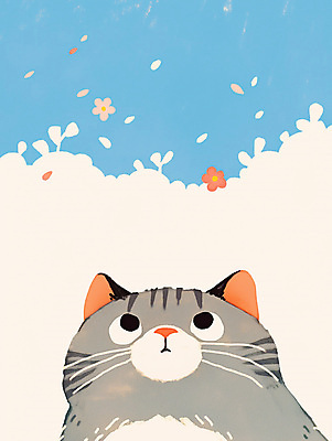 PSD 꽃잎 하늘색 일러스트 사람없음 귀여움 고양이 올려보기 벚꽃 감성 국내일러스트 꽃 컨셉 포유류 모션 파란색 반려동물 파일형식