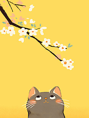 PSD 일러스트 미소 사람없음 노란색 귀여움 고양이 올려보기 벚꽃 나뭇가지 감성 국내일러스트 나무 꽃 컬러 컨셉 포유류 모션 표정 반려동물 파일형식