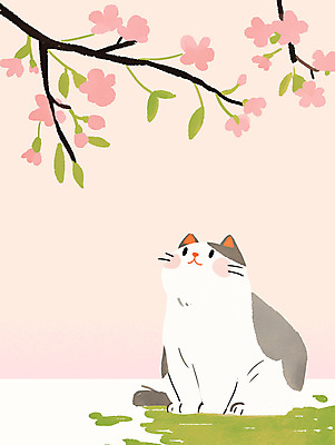 PSD 분홍색 일러스트 미소 잔디 사람없음 귀여움 고양이 올려보기 벚꽃 나뭇가지 감성 국내일러스트 나무 식물 꽃 컬러 컨셉 포유류 모션 표정 반려동물 파일형식
