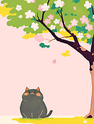 PSD 꽃잎 분홍색 일러스트 미소 잔디 사람없음 귀여움 고양이 올려보기 벚나무 감성 국내일러스트 나무 식물 꽃 컬러 컨셉 포유류 모션 표정 반려동물 벚꽃 파일형식