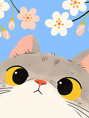 PSD 하늘색 일러스트 사람없음 귀여움 고양이 회색 벚꽃 나뭇가지 감성 국내일러스트 나무 꽃 컬러 컨셉 포유류 파란색 반려동물 파일형식