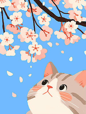 PSD 꽃잎 분홍색 하늘색 일러스트 사람없음 귀여움 고양이 올려보기 벚꽃 나뭇가지 감성 국내일러스트 나무 꽃 컬러 컨셉 포유류 모션 파란색 반려동물 파일형식