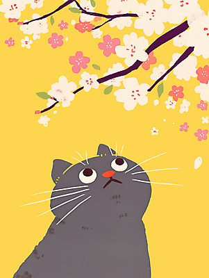 PSD 꽃잎 일러스트 사람없음 노란색 귀여움 고양이 올려보기 벚꽃 나뭇가지 감성 국내일러스트 나무 꽃 컬러 컨셉 포유류 모션 반려동물 파일형식