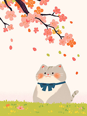 PSD 꽃잎 분홍색 일러스트 미소 잔디 사람없음 귀여움 고양이 벚꽃 나뭇가지 감성 국내일러스트 나무 식물 꽃 컬러 컨셉 포유류 표정 반려동물 파일형식