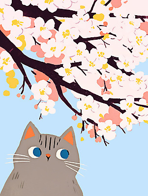 PSD 분홍색 하늘색 일러스트 사람없음 귀여움 고양이 벚꽃 나뭇가지 감성 국내일러스트 나무 꽃 컬러 컨셉 포유류 파란색 반려동물 파일형식