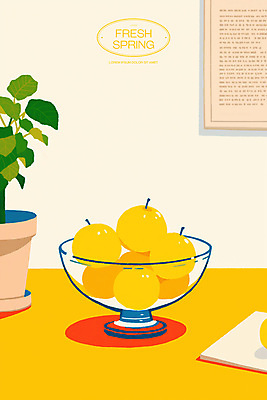 PSD 식물 화분 일러스트 탁자 사람없음 노란색 봄 신선 레몬 유리그릇 국내일러스트 그릇 계절 컬러 가구 과일 유리 파일형식