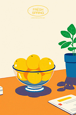 PSD 식물 화분 종이 일러스트 탁자 사람없음 노란색 봄 신선 레몬 유리그릇 국내일러스트 그릇 계절 컬러 가구 과일 유리 파일형식