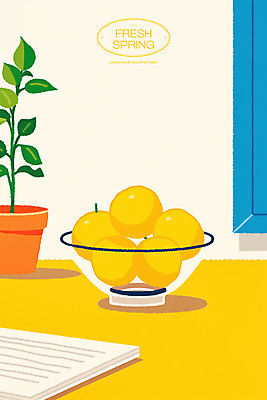 PSD 식물 화분 종이 일러스트 탁자 사람없음 노란색 봄 신선 레몬 유리그릇 국내일러스트 그릇 계절 컬러 가구 과일 유리 파일형식