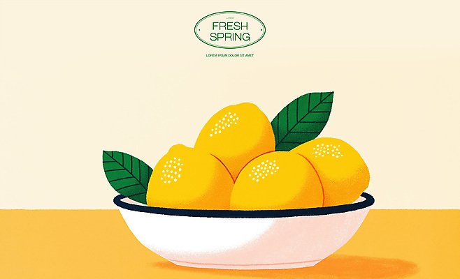 PSD 그릇 잎 일러스트 탁자 사람없음 노란색 봄 신선 레몬 국내일러스트 식물 식기 계절 컬러 가구 과일 파일형식