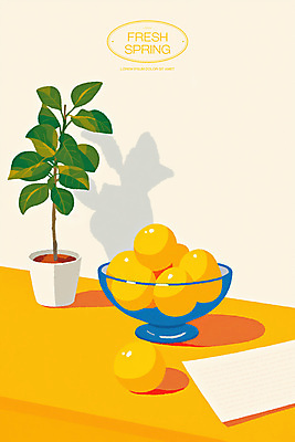 PSD 식물 화분 종이 일러스트 탁자 사람없음 노란색 봄 신선 레몬 유리그릇 국내일러스트 그릇 계절 컬러 가구 과일 유리 파일형식