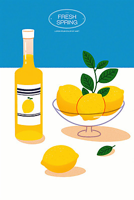 PSD 잎 일러스트 사람없음 파란색 노란색 봄 신선 레몬 레몬주스 책상 유리그릇 음료수병 국내일러스트 식물 그릇 계절 컬러 가구 과일 유리 과일주스 병_담는 파일형식