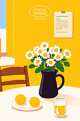 PSD 접시 종이 의자 일러스트 탁자 잔 사람없음 노란색 꽃병 봄 신선 레몬 레몬주스 서류집게 국내일러스트 식기 계절 꽃 컬러 가구 과일 집게 과일주스 파일형식
