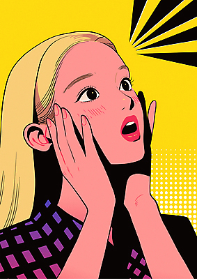 여자 일러스트 한명 상반신 성인 쇼핑 노란색 손들기 놀람 만화 팝아트 카툰스타일 성인여자한명만 뉴트로 국내일러스트 AI파일 1 감정 컬러 모션 표정 사람 그림 복고 여자한명만 성인여자만 파일형식 벡터