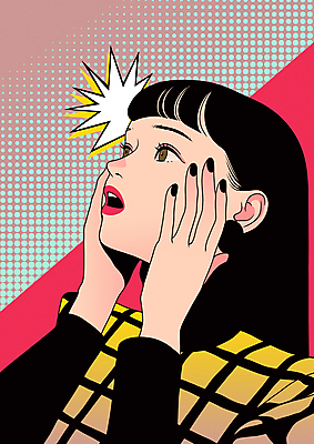 여자 말풍선 일러스트 한명 상반신 성인 빨간색 쇼핑 손들기 귀걸이 놀람 만화 팝아트 카툰스타일 성인여자한명만 뉴트로 국내일러스트 AI파일 1 감정 컬러 장신구 모션 표정 사람 그림 복고 여자한명만 성인여자만 파일형식 벡터